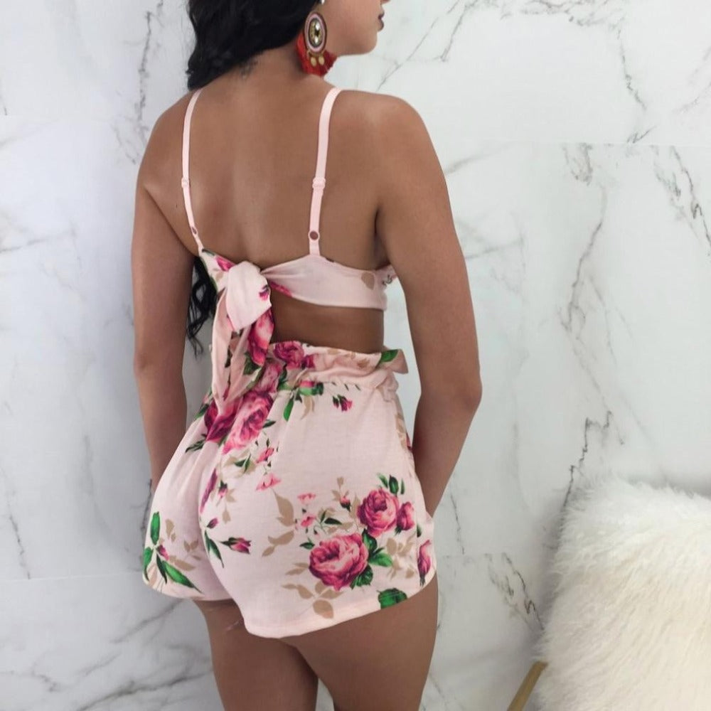 Spring Floral Romper 2Pcs Jumpsuit Shorts Crop Top Set