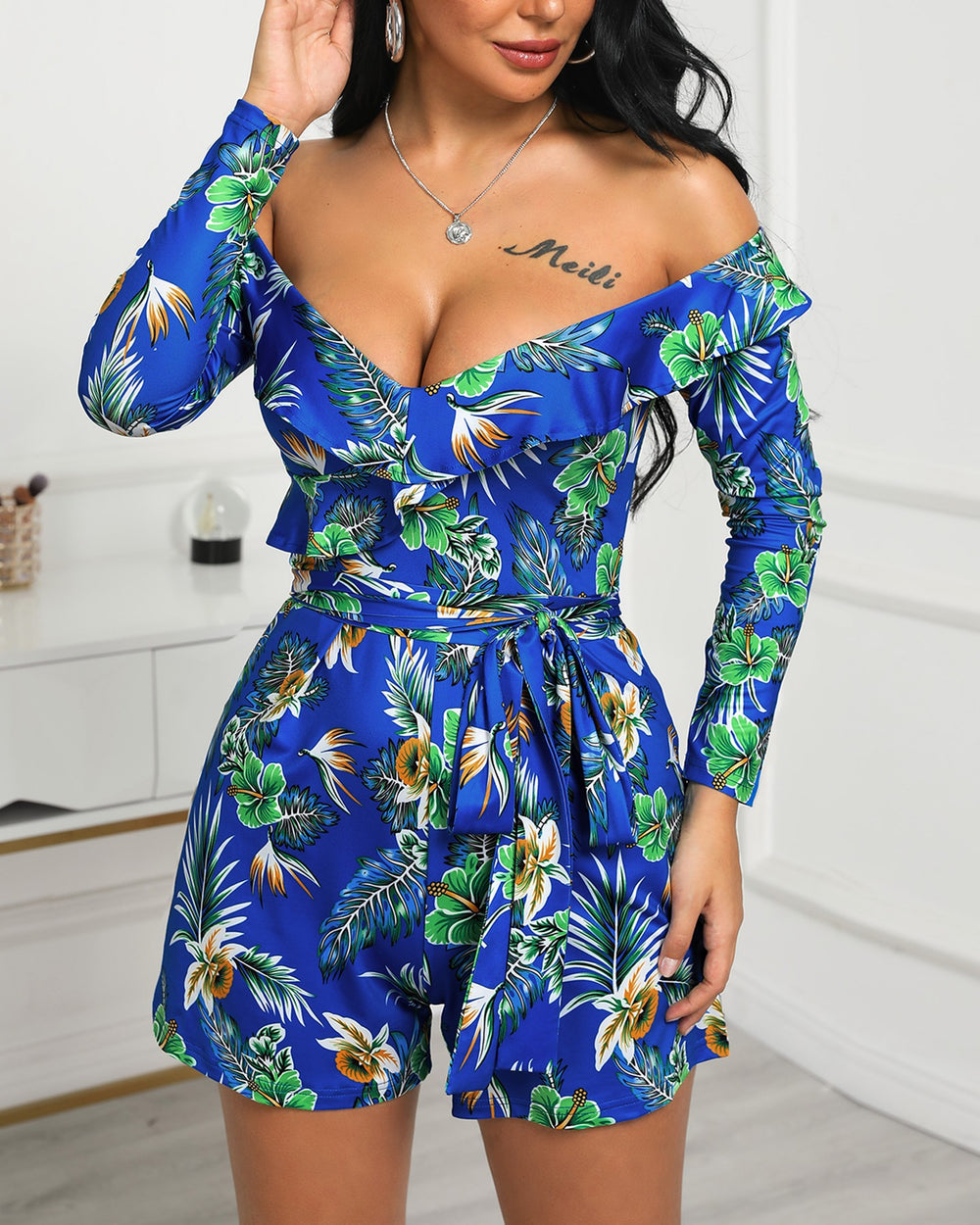 Off Shoulder Blue Floral Print Strapless Rompers