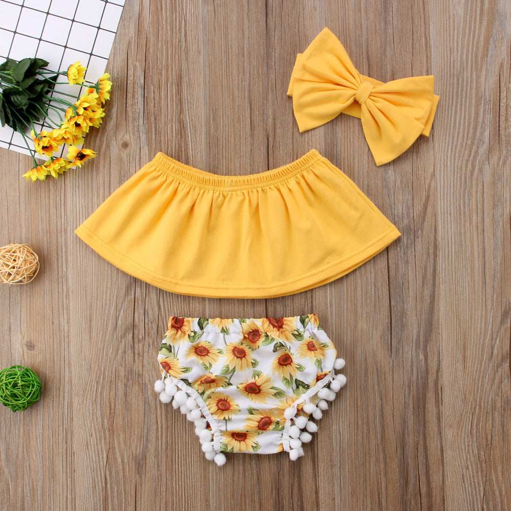 Sunflower Top & Bloomers Set | Floral Printed Lace 3 Piece Summer Side by Side Girls Set