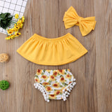 Sunflower Top & Bloomers Set | Floral Printed Lace 3 Piece Summer Side by Side Girls Set