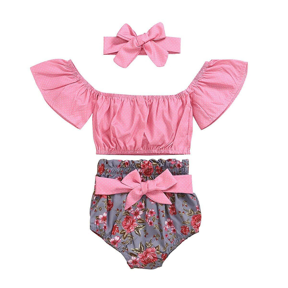 Baby Polka Dot Top Floral Shorts Pink Turban Set - Loving Lane Co