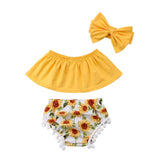 Sunflower Top & Bloomers Set | Floral Printed Lace 3 Piece Summer Side by Side Girls Set