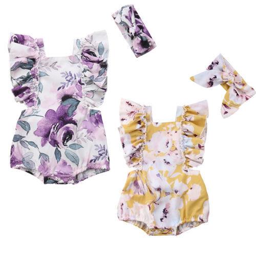 Adorable Baby Girls Floral Rompers with Matching Head Bands