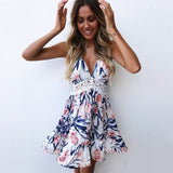 Summer Boho Dress Women Lace Ruffle Beach Backless Mini Dress