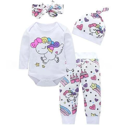 Adorable Baby Girls Unicorn Romper 4 Piece Outfit Set
