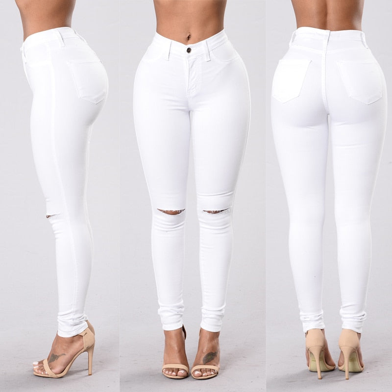High Waist White Skinny Jeans Women Slim Ripped Denim Jeans