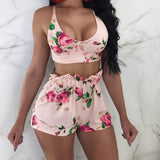 Spring Floral Romper 2Pcs Jumpsuit Shorts Crop Top Set