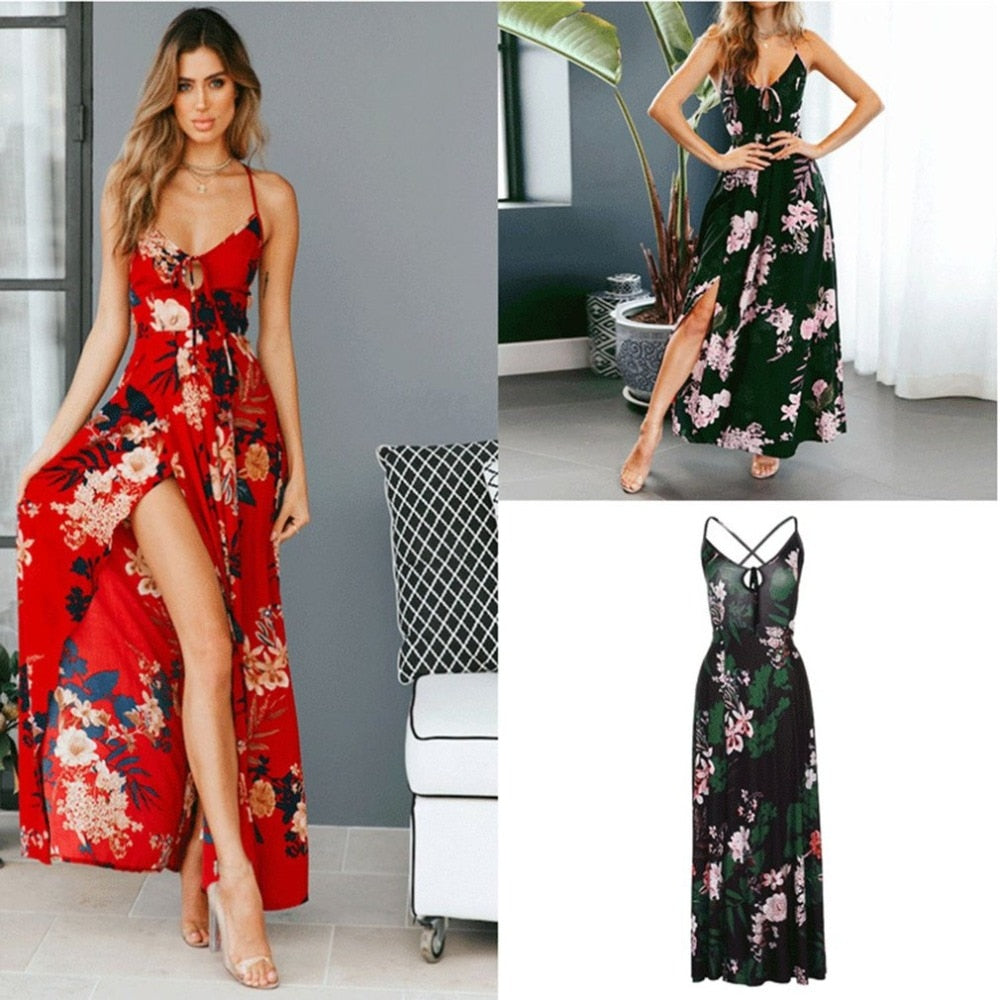 Red Floral Backless Summer Dress Women Deep V Neck Sexy Boho Maxi Dress