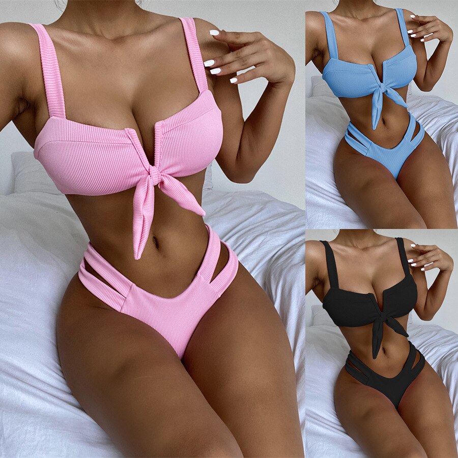 V Cut Push Up Top Strappy Side Brazilian Cut Bottoms Bikini Sets