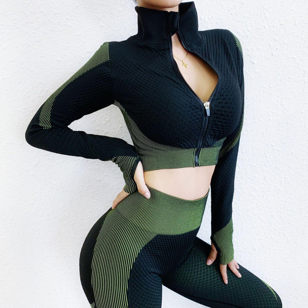 Women's Two Piece Workout Set Long Sleeve Zipper  Yoga Shirt Leggings Workout Wear - Loving Lane Co