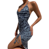 Summer New Gray Tie-Dye Print Sexy Fitted Maxi Dress