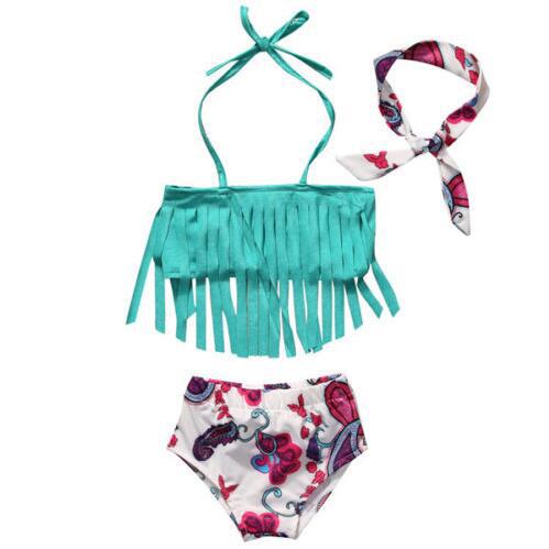 Girls tassel print toddler swimsuit three-piece suit