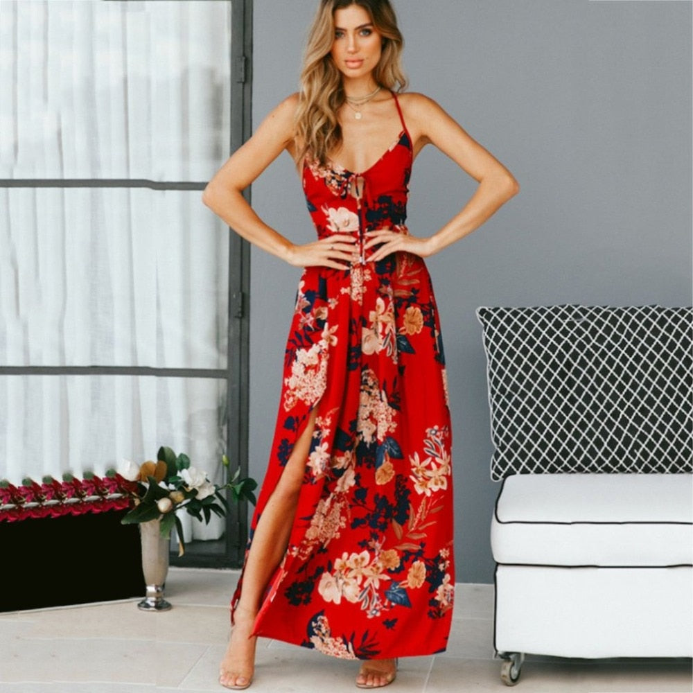 Red Floral Backless Summer Dress Women Deep V Neck Sexy Boho Maxi Dress