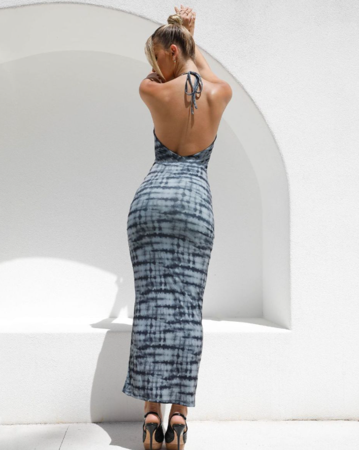 Summer New Gray Tie-Dye Print Sexy Fitted Maxi Dress