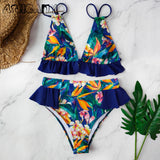 New Push Up High Waist Halter Top Floral Ruffle Bikini Set