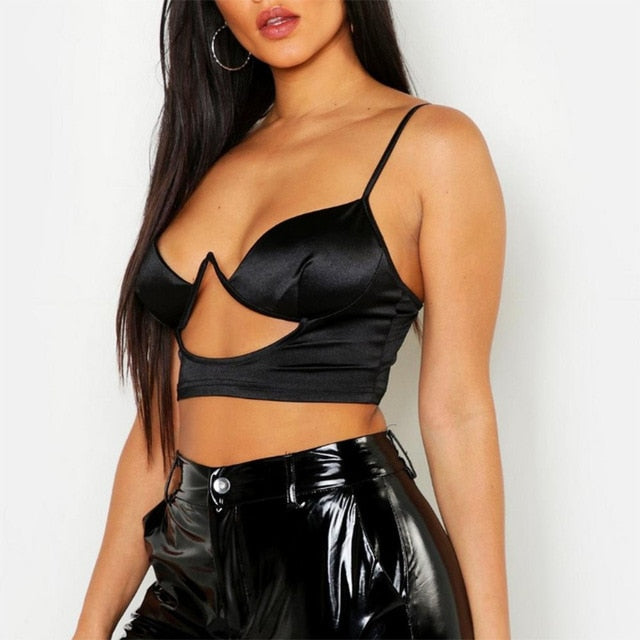 Sexy Crop Top Hollow Out Underwire Push Up Bralet Black Glossy Satin Tops Solid Color Summer Clothes For Women 2019 New