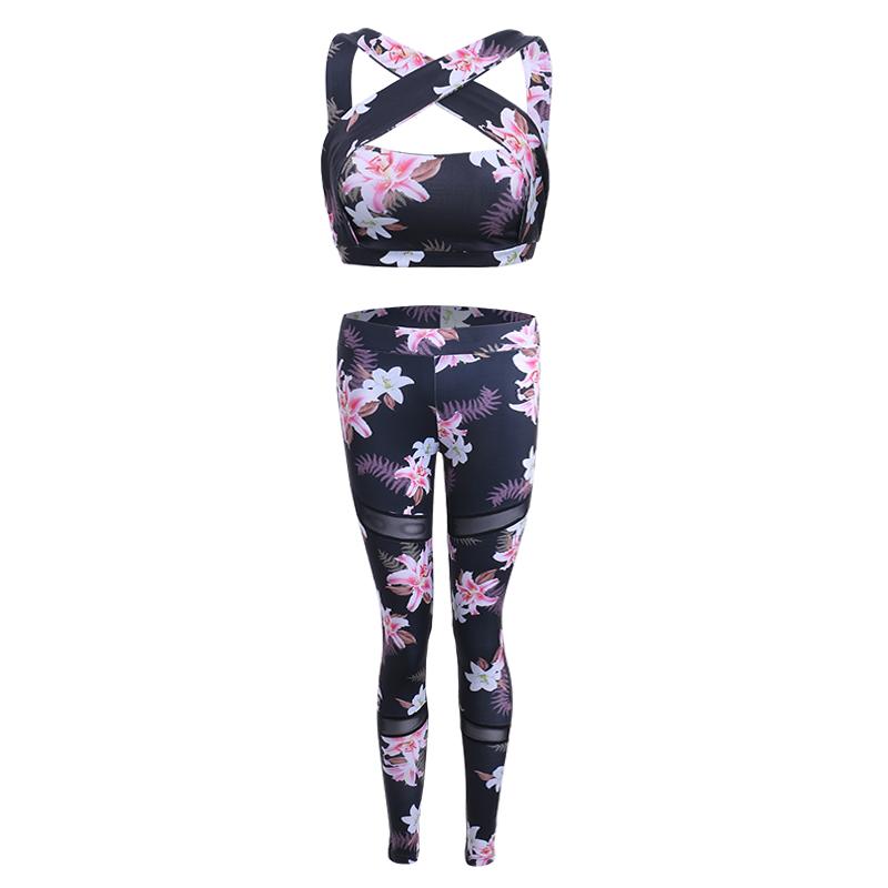 Womens Yoga Workout Set Floral Leggings and Sports Bra Gym Fitness Apparel