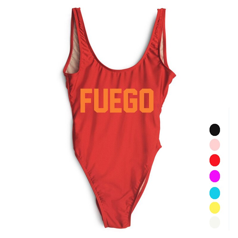 Red FUEGO Print Letter One Piece Swimsuit Sexy Swimwear Beach Bathing Suit