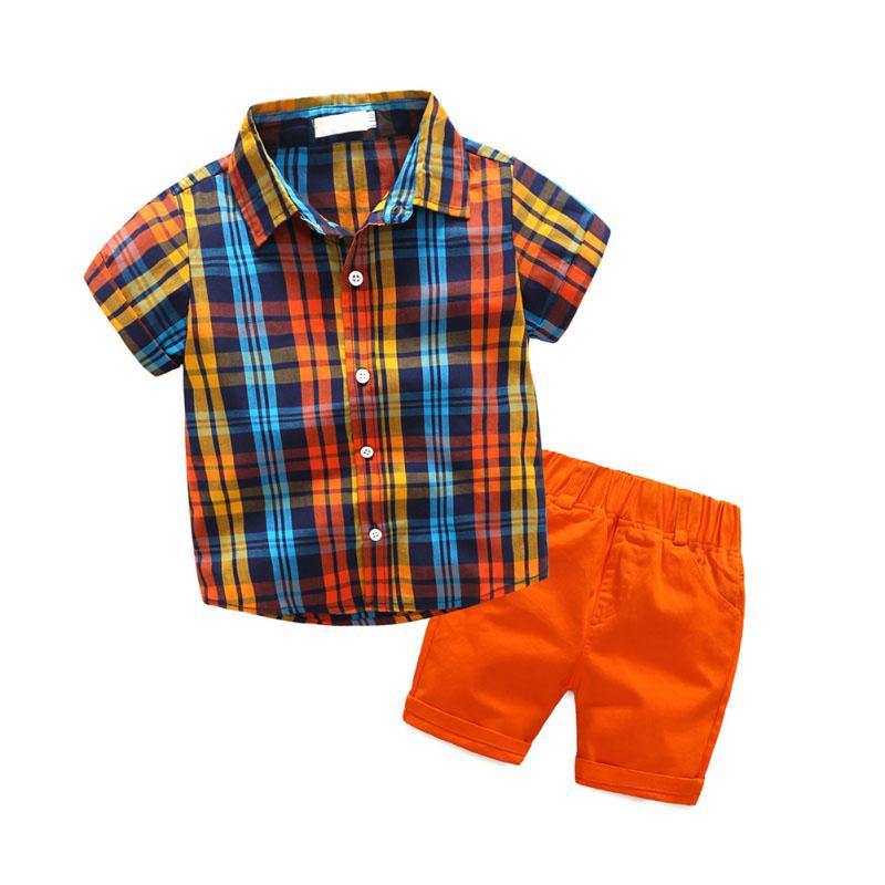 Baby Boys Short Sleeve Regular Plaid Pattern Cotton Pullover Clothes Set