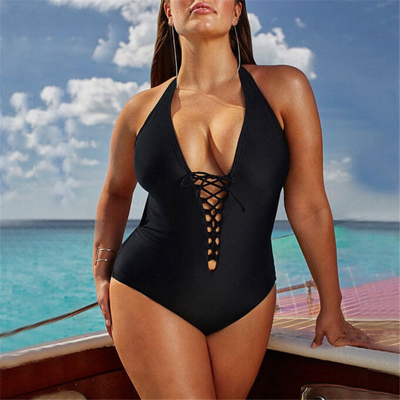 Plus Size Swimwear Sexy Black One Piece Womens Swimsuit