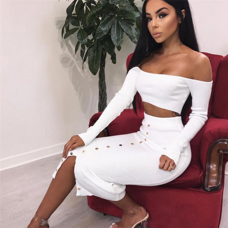 Womens Sexy Classy Off Shoulder Crop Top Long Skirt 2 Piece Set