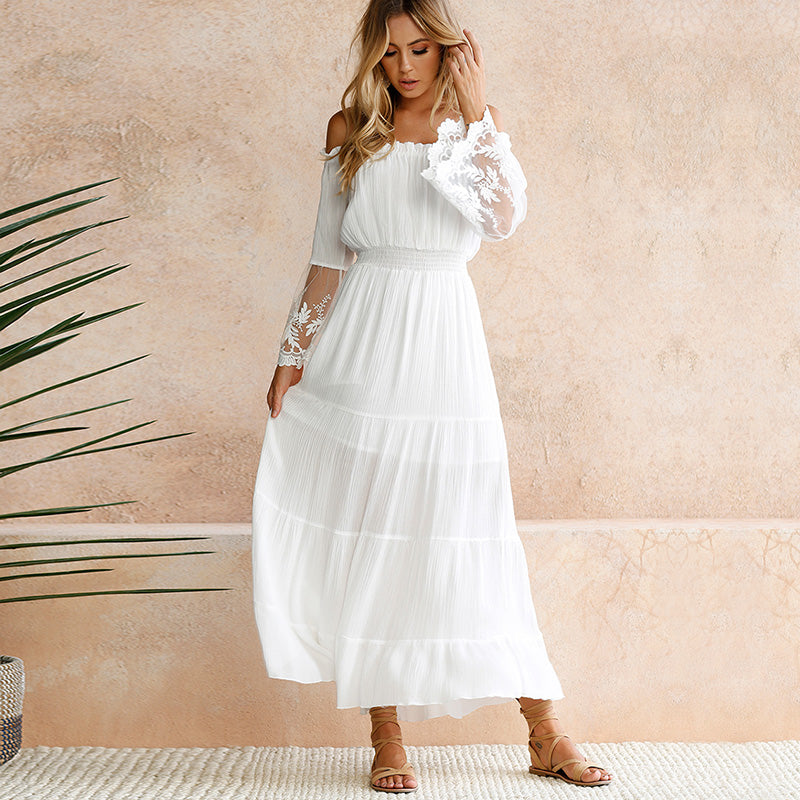 Summer Boho White Dress Bohemian Off Shoulder Maxi Summer Dress