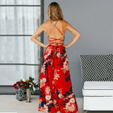 Red Floral Backless Summer Dress Women Deep V Neck Sexy Boho Maxi Dress