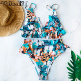 New Push Up High Waist Halter Top Floral Ruffle Bikini Set