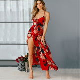 Red Floral Backless Summer Dress Women Deep V Neck Sexy Boho Maxi Dress