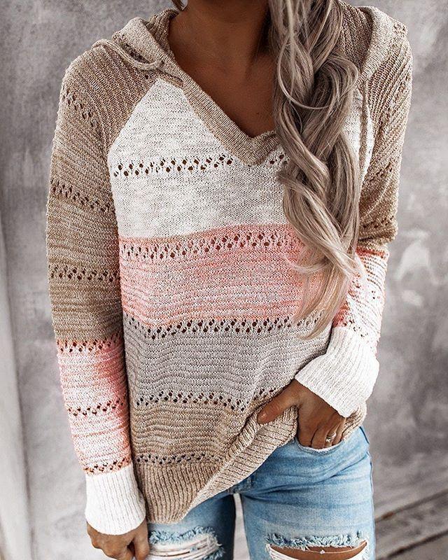 Fall Sweaters Womens Long Sleeve V Neck Casual Knitted Sweater Hoodie - Loving Lane Co