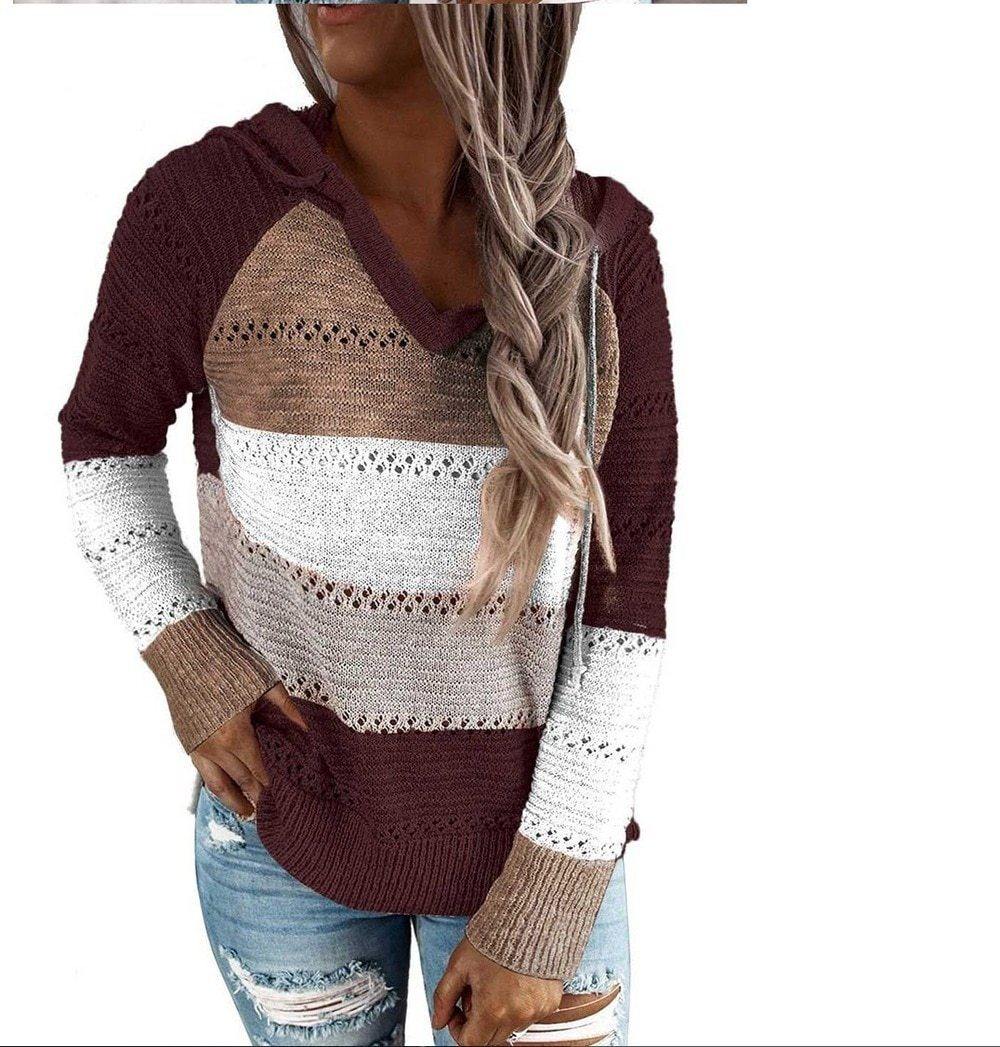 Fall Sweaters Womens Long Sleeve V Neck Casual Knitted Sweater Hoodie - Loving Lane Co