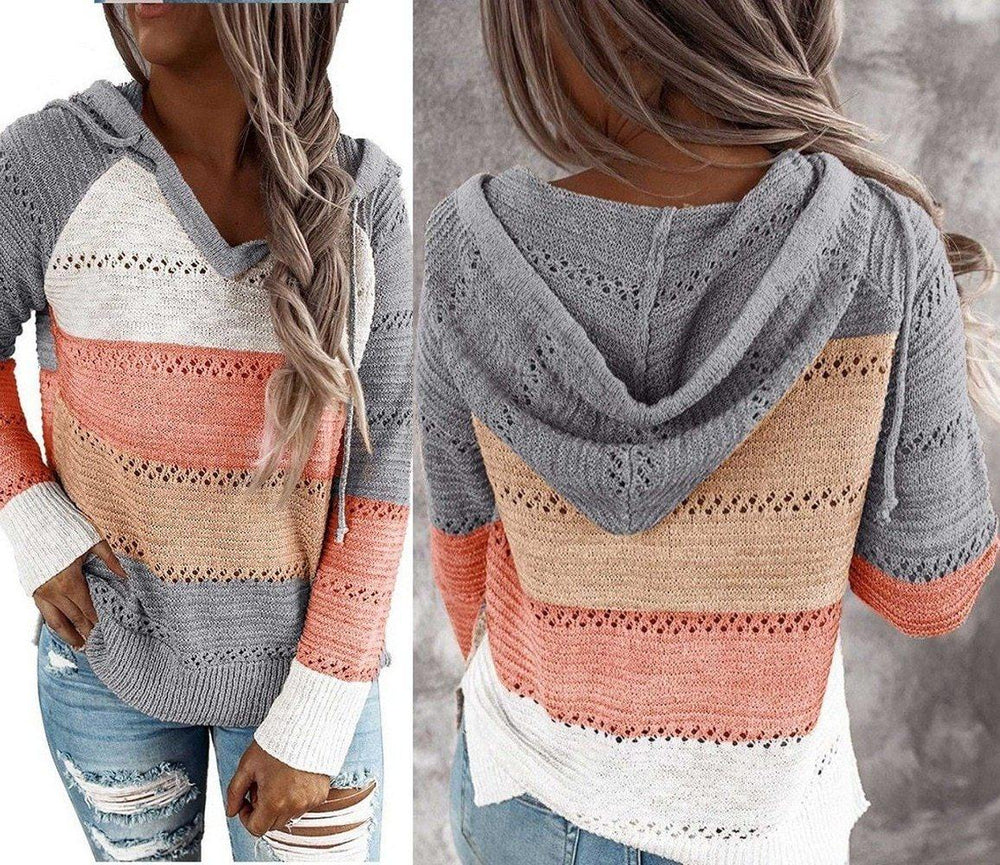 Fall Sweaters Womens Long Sleeve V Neck Casual Knitted Sweater Hoodie - Loving Lane Co