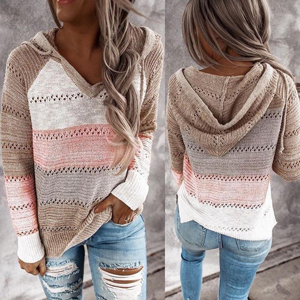 Fall Sweaters Womens Long Sleeve V Neck Casual Knitted Sweater Hoodie - Loving Lane Co