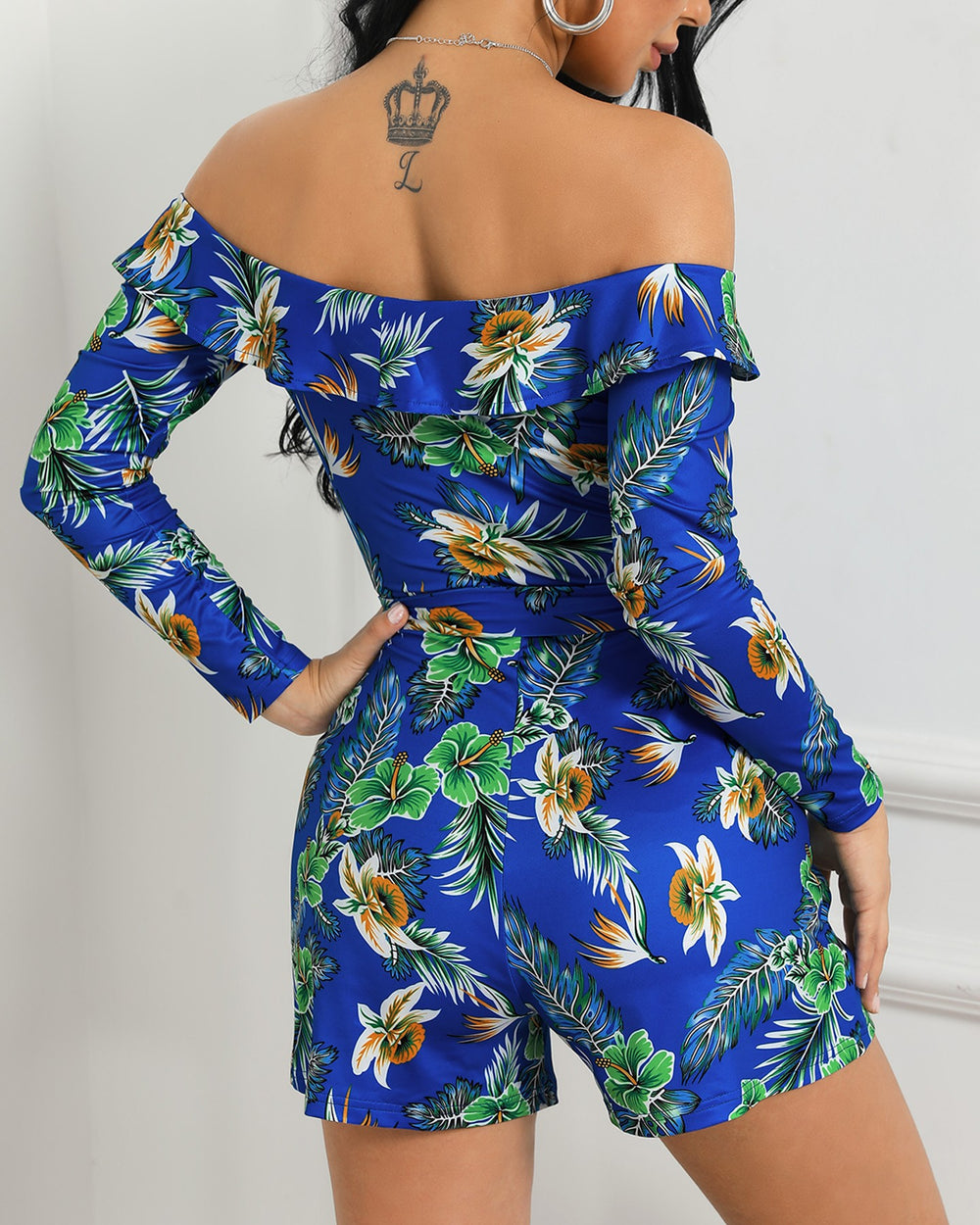 Off Shoulder Blue Floral Print Strapless Rompers