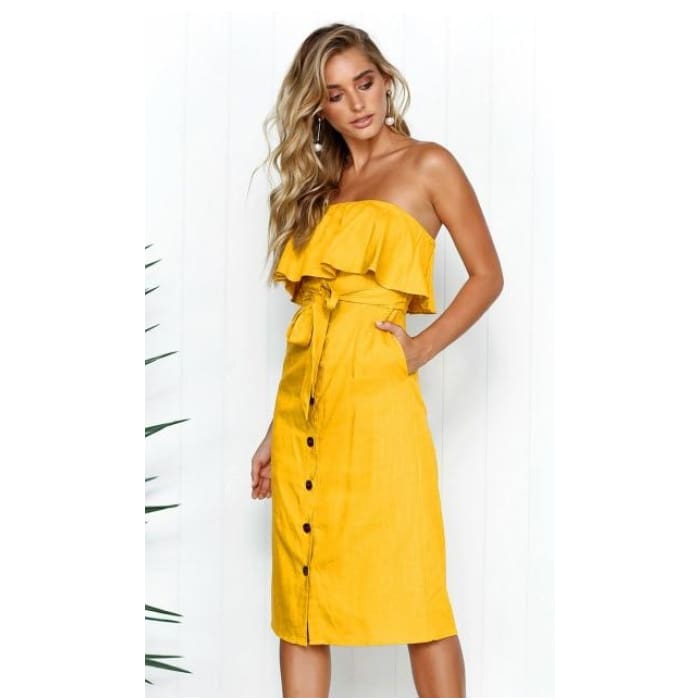 Womens Sexy Off Shoulder Boho Dress 2019 Strapless Party Dresses - Yellow / S